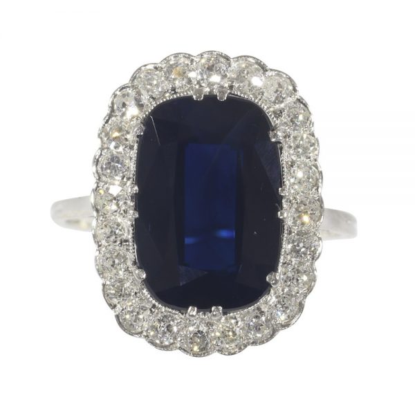 Vintage Art Deco Diamond and Sapphire Cluster Engagement Ring Large
