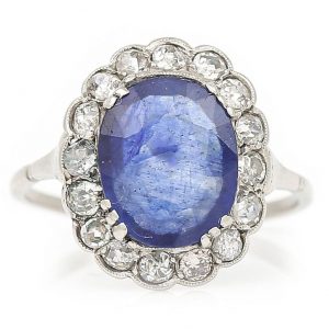 Art Deco 2.8ct Sapphire and Old Mine Cut Diamond Cluster Ring in Platinum