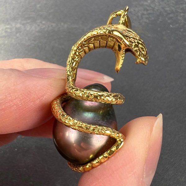King Cobra Snake and Black Tahitian Pearl Pendant