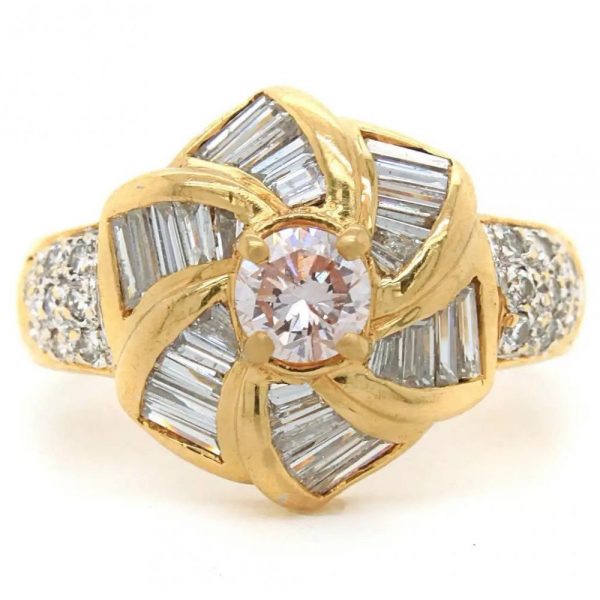 Vintage Faint Pink and White Diamond Floral Cluster Windmill Ring