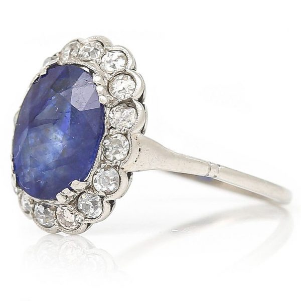 Art Deco 2.8ct Sapphire and Old Mine Cut Diamond Cluster Ring in Platinum