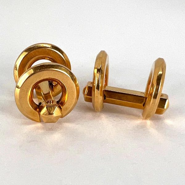 Mecan Elde French 18ct Yellow Gold Geometric Cufflinks, designed as a pair of hexagonal gold bars with circle terminals
