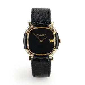 Vintage ladies IWC Schaffhausen 18ct Yellow Gold Watch with Black Face and Diamond and Onyx Bezel, Ref 2232671