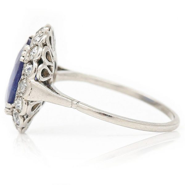 Art Deco 2.8ct Oval Sapphire and Old Mine Cut Diamond Cluster Ring in Platinum