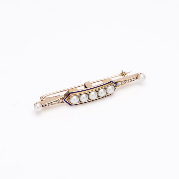 Antique Victorian Rose Cut Diamond and Pearl Bar Brooch in 18ct Yellow Gold with Blue Enamel