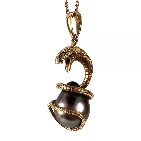 King Cobra Snake and Black Tahitian Pearl Pendant