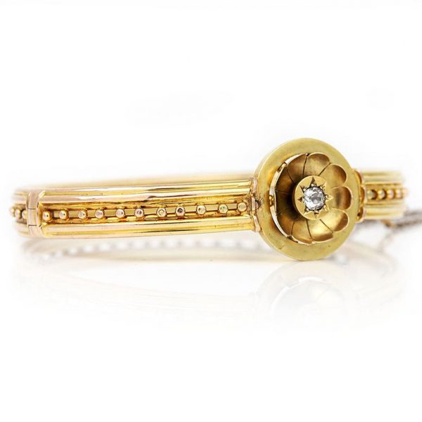 Antique Victorian Old Mine Cut Diamond Set 15ct Gold Etruscan Revival Beaded Bangle Bracelet