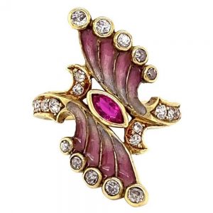Art Nouveau Pink Plique a Jour Enamel Ruby and Diamond Ring