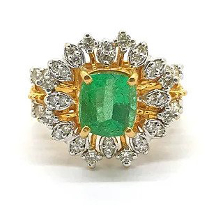 Emerald and Diamond Sunburst Cluster Dress Ring in 21ct Yellow Gold