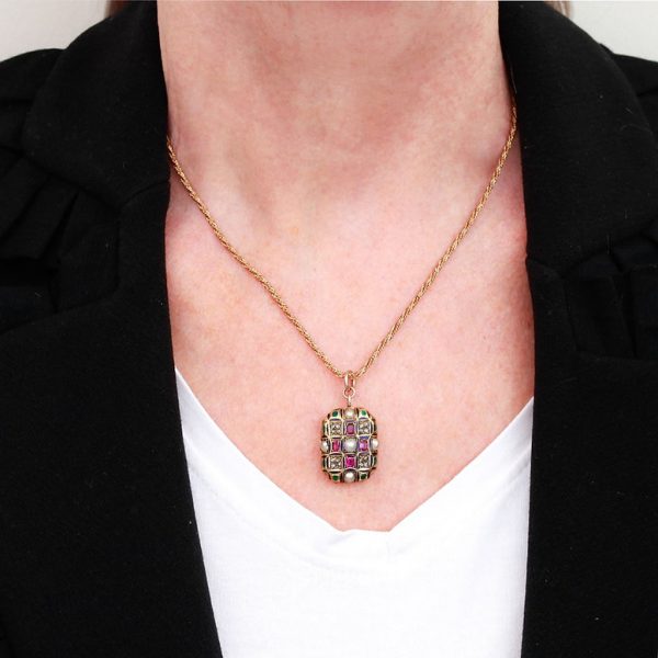 Antique Victorian Rose Cut Diamond Ruby Pearl and Enamel Locket Pendant
