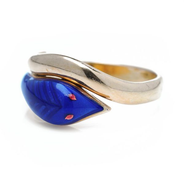 Vintage Italian 18ct Yellow Gold and Blue Enamel Snake Ring