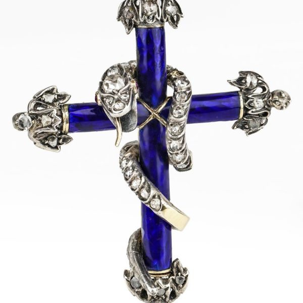 Antique Victorian Diamond and Blue Enamel Snake Cross Pendant