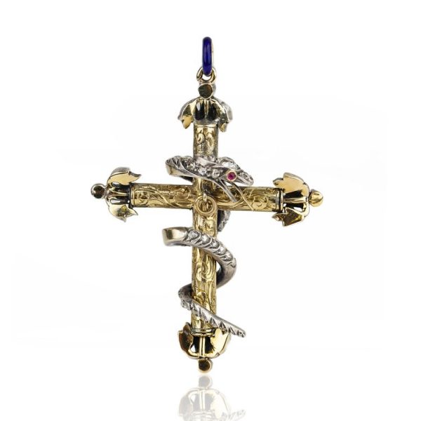Antique Victorian Old Cut Diamond and Blue Enamel Snake Cross Pendant