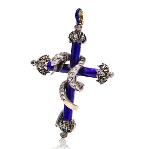 Antique Victorian Old Cut Diamond and Blue Enamel Snake Cross Pendant