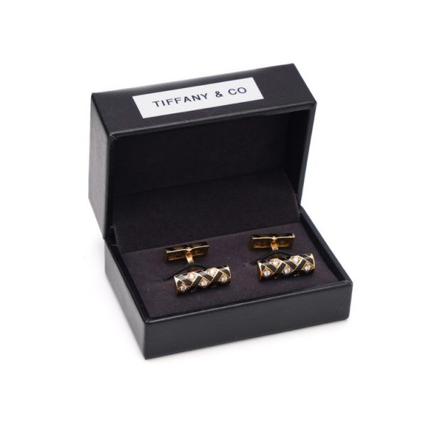Vintage Tiffany and Co 18ct Yellow Gold Cufflinks with Black Enamel and Diamonds