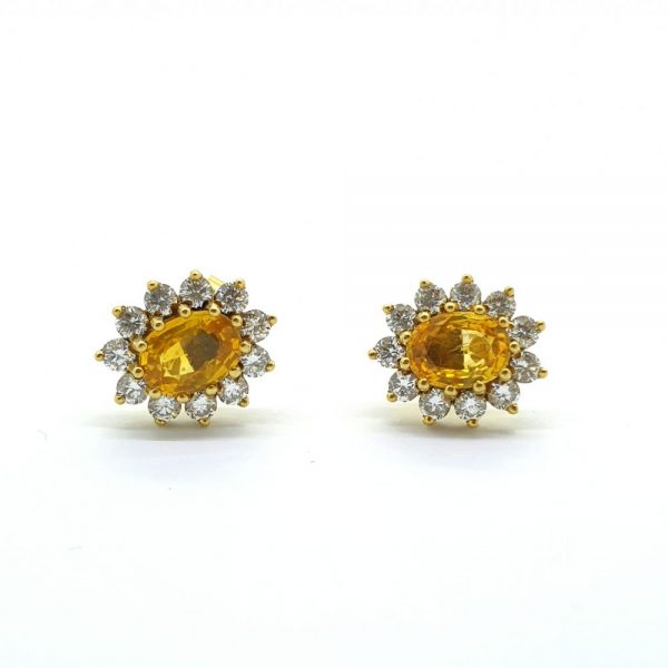 Vintage Yellow Sapphire and diamond Cluster Stud Earrings, oval yellow sapphires surrounded by sparkling diamonds in 18ct gold, Circa 1970