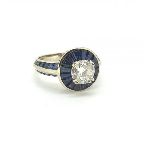 1.09ct Diamond and Calibre Sapphire Target Ring in 14ct Gold