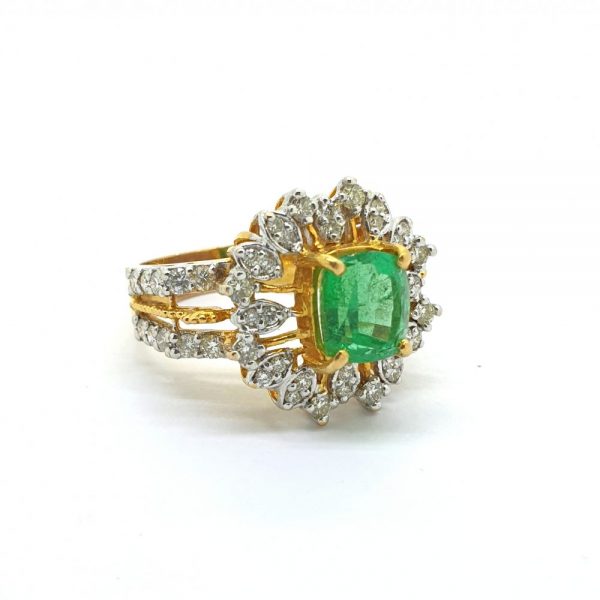 Emerald and Diamond Sunburst Cluster Dress Ring in 21ct Yellow Gold