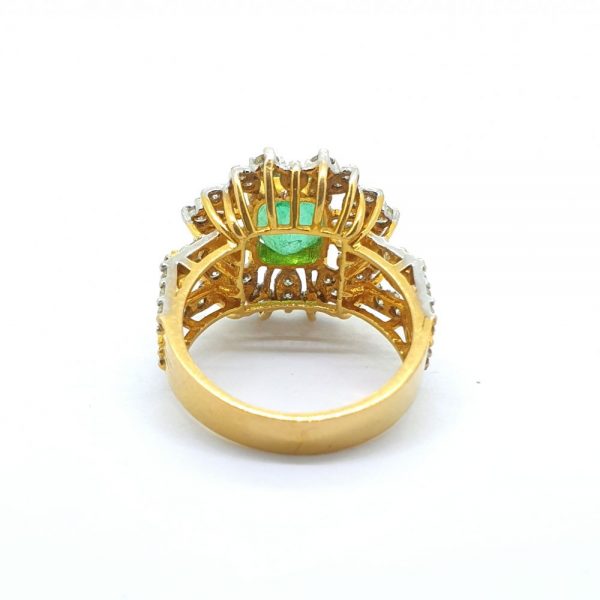 Emerald and Diamond Sunburst Cluster Dress Ring in 21ct Yellow Gold