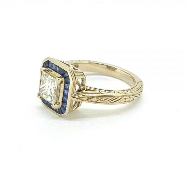 1.19ct Princess Cut Diamond and Calibre Sapphire Cluster Target Ring