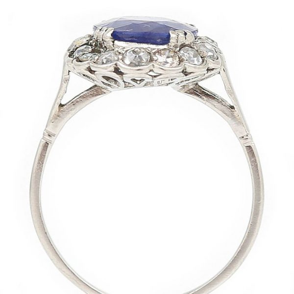 Art Deco 2.8ct Sapphire and Old Cut Diamond Oval Cluster Ring in Platinum