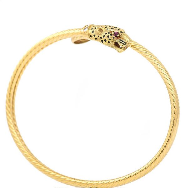 Vintage Gold Leopards Head Bangle with Diamonds, Rubies and Black Enamel Spots