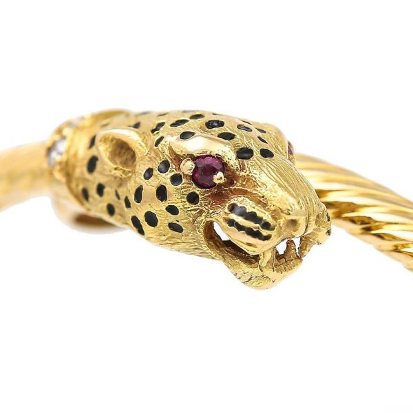 Vintage Gold Leopards Head Bangle with Diamonds, Rubies and Black Enamel Spots