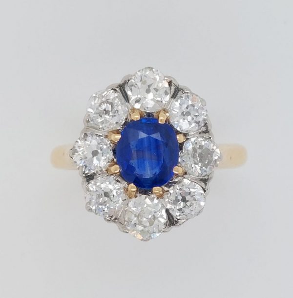 Antique Edwardian 1ct Sapphire and Old Cut Diamond Cluster Ring