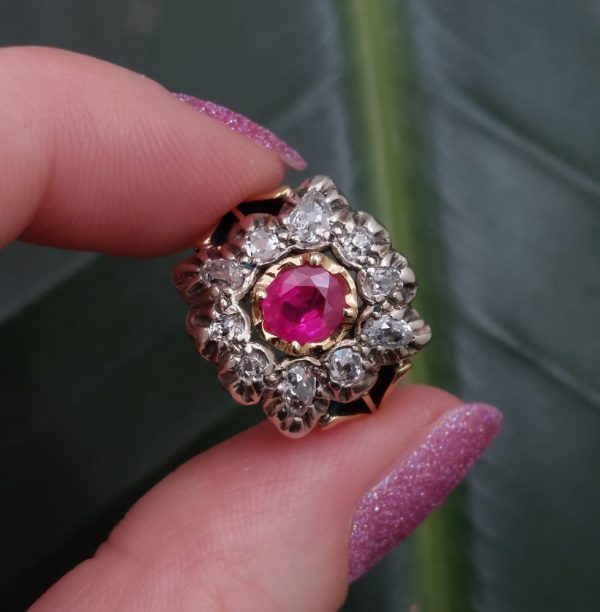 Antique Victorian 1ct Ruby and Diamond Cluster Ring