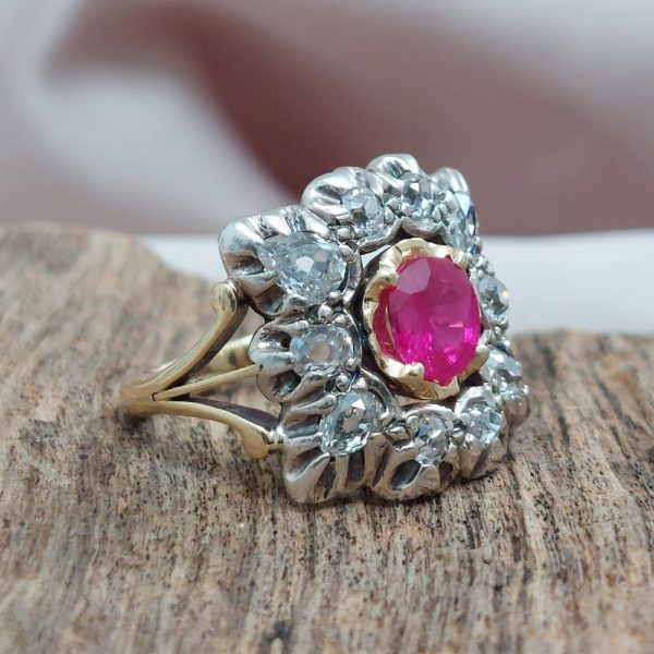 Antique Victorian 1ct Ruby and Diamond Cluster Ring