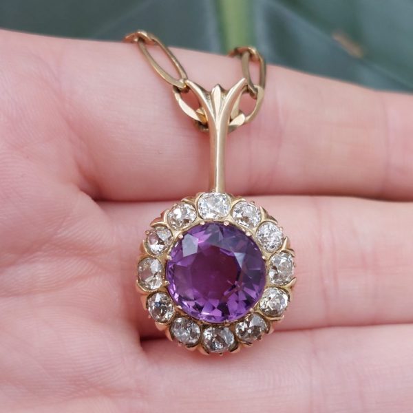 Antique Victorian Amethyst and Old Cut Diamond Pendant Necklace
