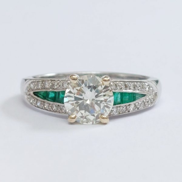 Art Deco Style 0.98ct Diamond Ring with Calibré Cut Emerald