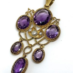 Antique Victorian Amethyst, Pearl and Gold Drop Pendant