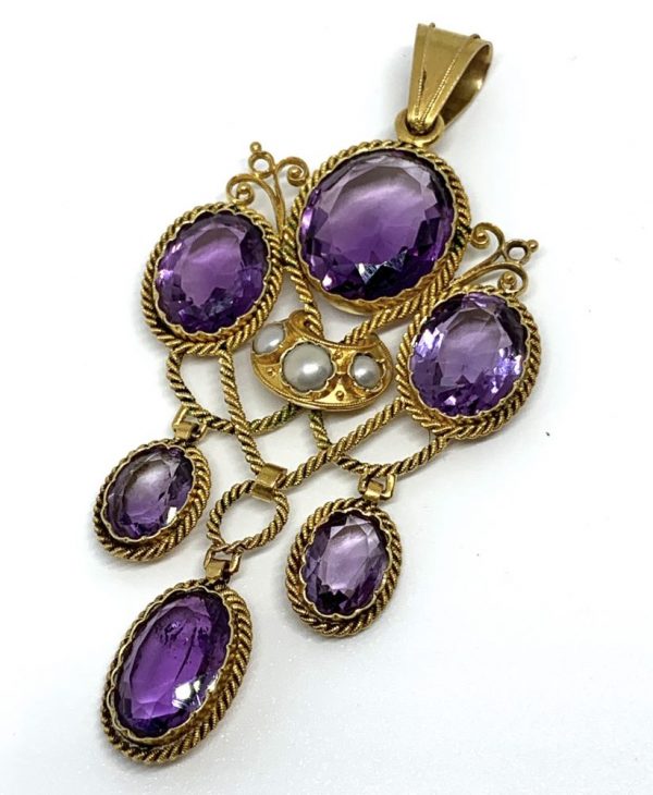 Antique Victorian Amethyst, Pearl and Gold Drop Pendant