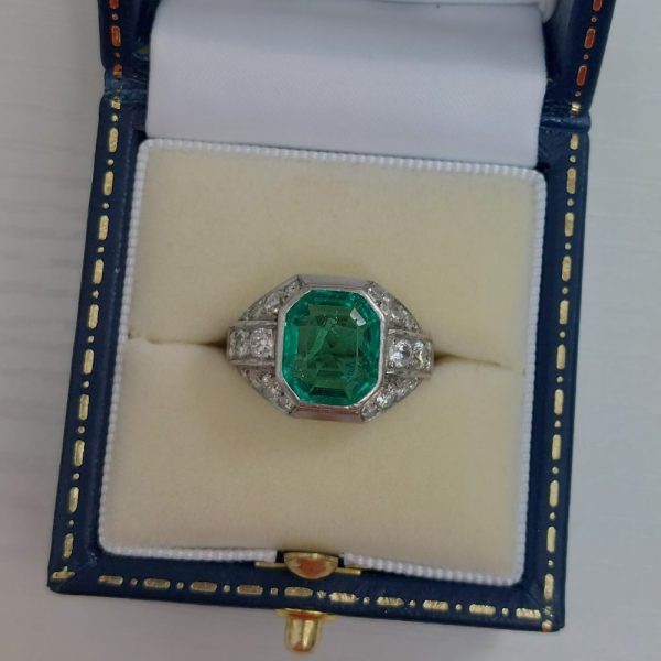 Late Art Deco Emerald and Diamond Ring