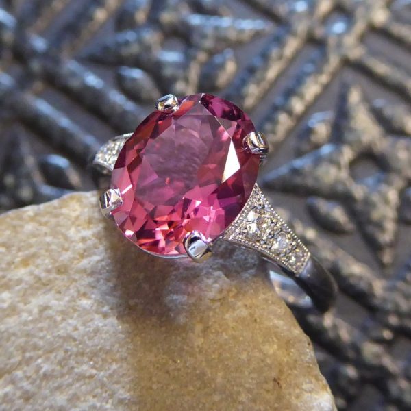 Period Art Deco Style 2.38ct Pink Tourmaline and Diamond Ring