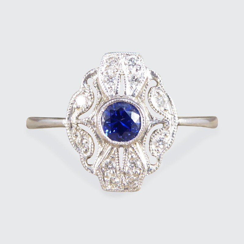Premium Period Art Deco Replica Emerald And Diamond Plaque Ring In 18ct  White Gold