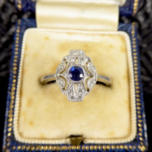Period Art Deco Style Sapphire and Diamond Plaque Ring