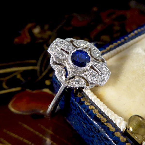 Period Art Deco Style Sapphire and Diamond Plaque Ring