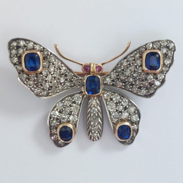 Victorian Antique Sapphire and Diamond Butterfly Brooch