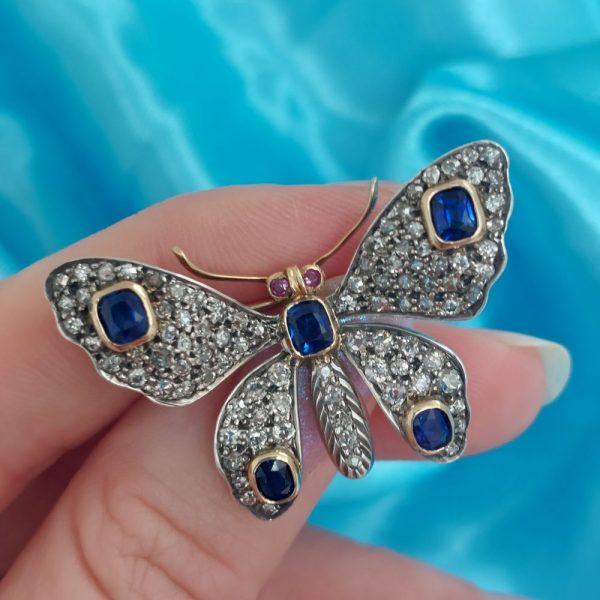 Victorian Antique Sapphire and Diamond Butterfly Brooch