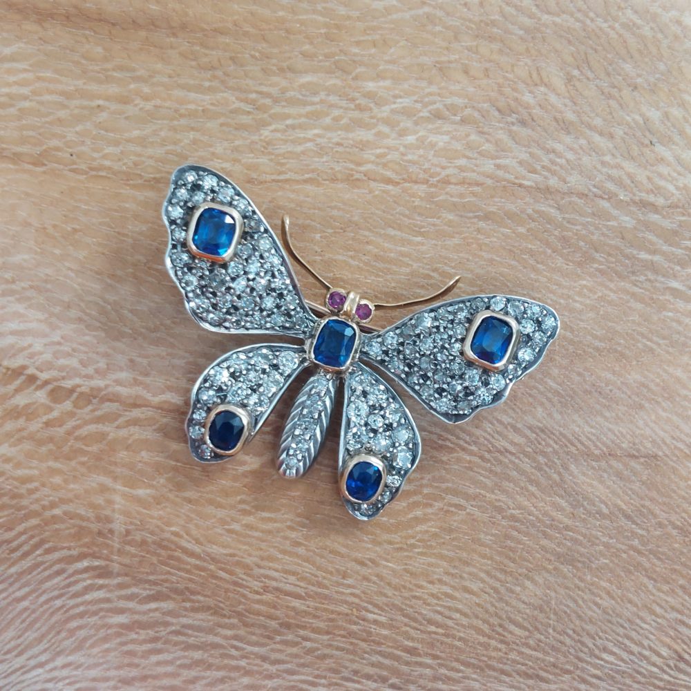 Victorian Antique Sapphire and Diamond Butterfly Brooch