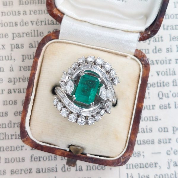 Vintage 2.50ct Emerald and Diamond Fancy Cluster Ring