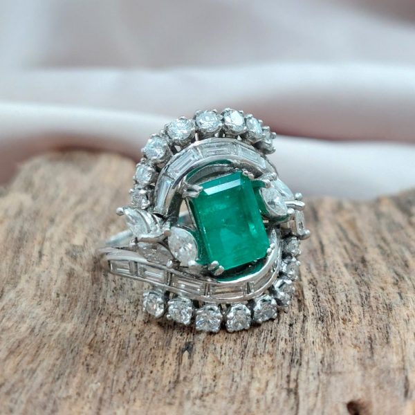 Vintage 2.50ct Emerald and Diamond Fancy Cluster Ring