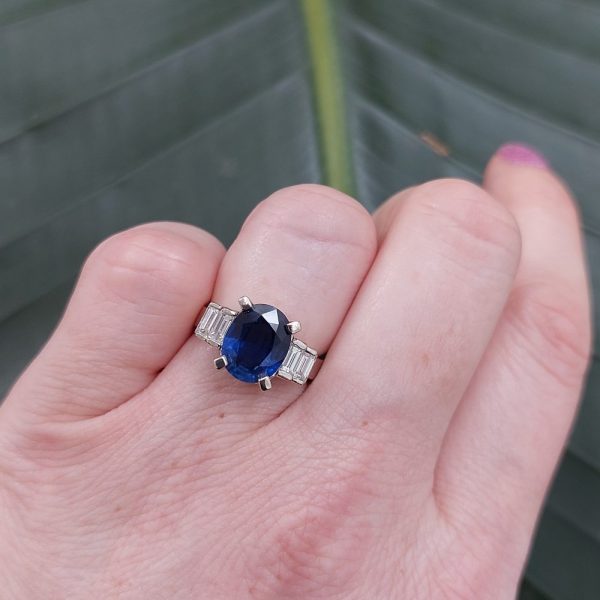 Vintage 4.50ct Sapphire and Baguette Cut Diamond Ring