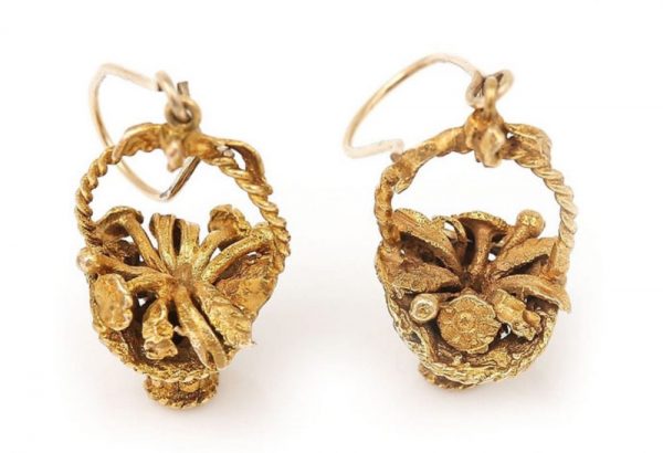 Vintage Gold Basket and Flowers Drop Earrings