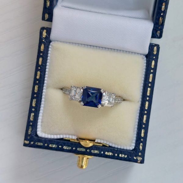 1.45ct Sapphire and Asscher Cut Diamond Three Stone Ring