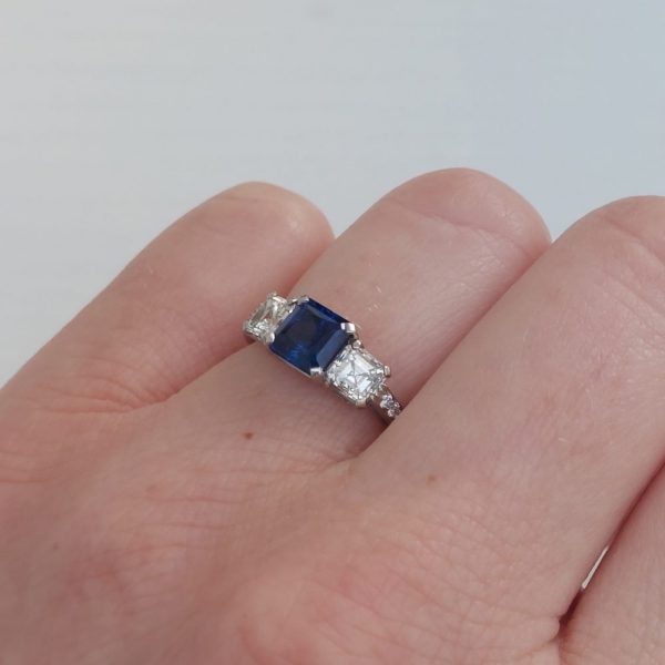 1.45ct Sapphire and Asscher Cut Diamond Three Stone Ring