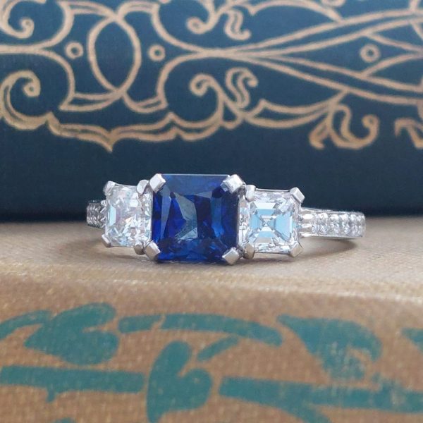 1.45ct Sapphire and Asscher Cut Diamond Three Stone Ring