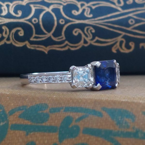 1.45ct Sapphire and Asscher Cut Diamond Three Stone Ring